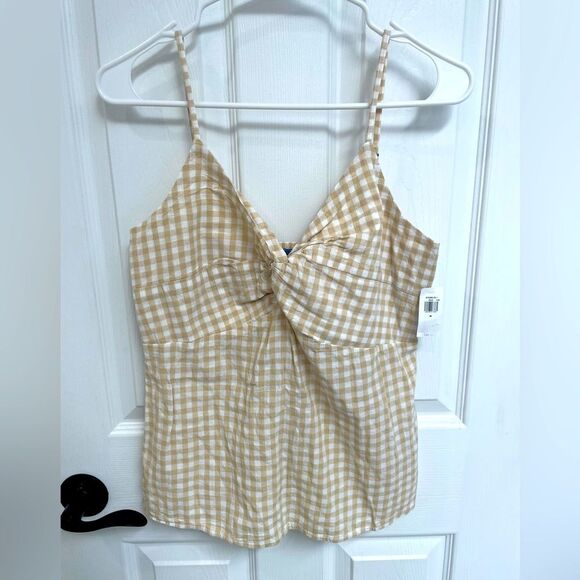 Old Navy Tops - Old Navy Tan White Gingham Flowy Back Elastic Tank Women’s Size M